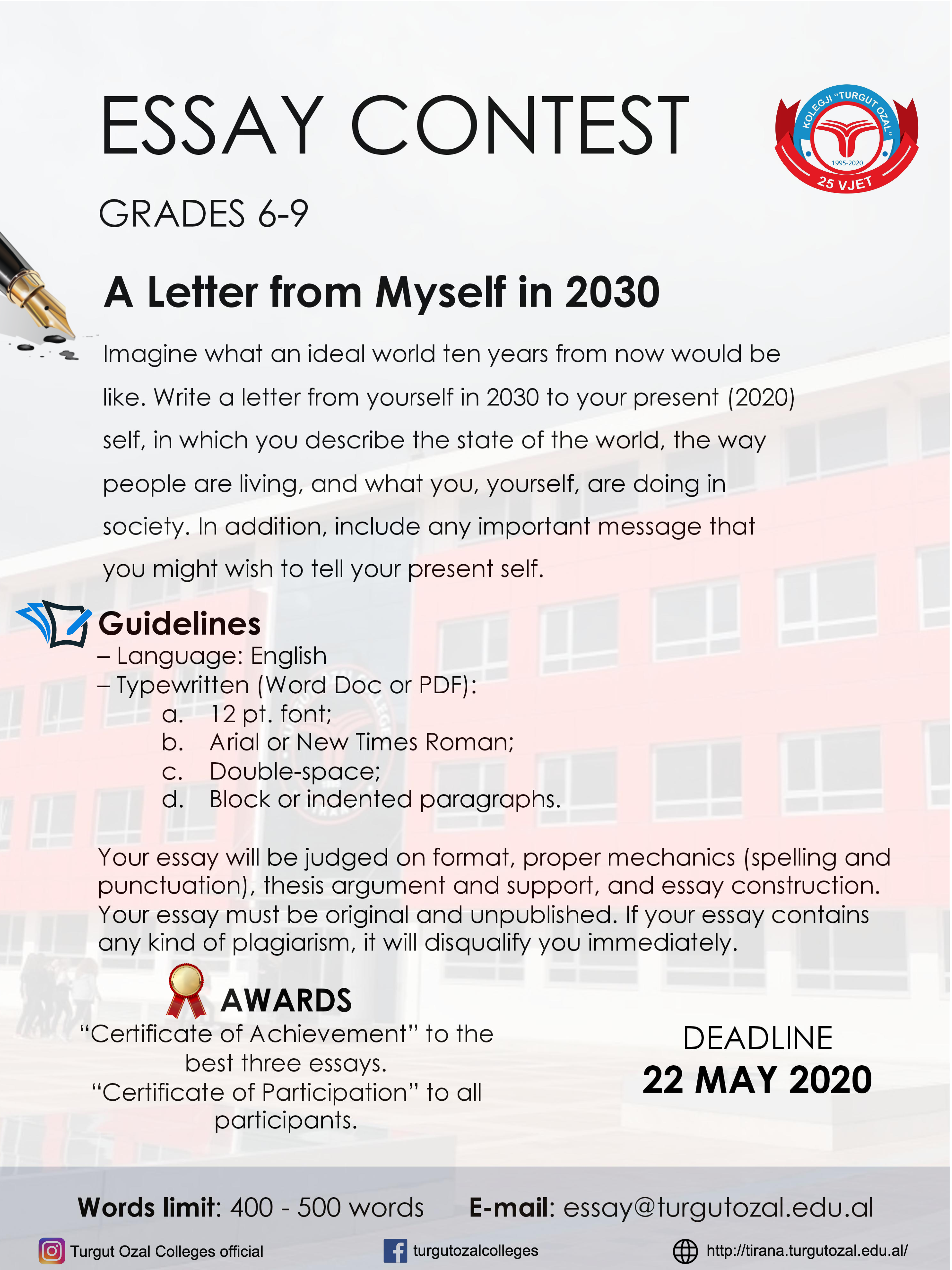 Konkurs Eseje me temë “A Letter from Myself in 2030” Konkurs Eseje me temë “A Letter from Myself in 2030”